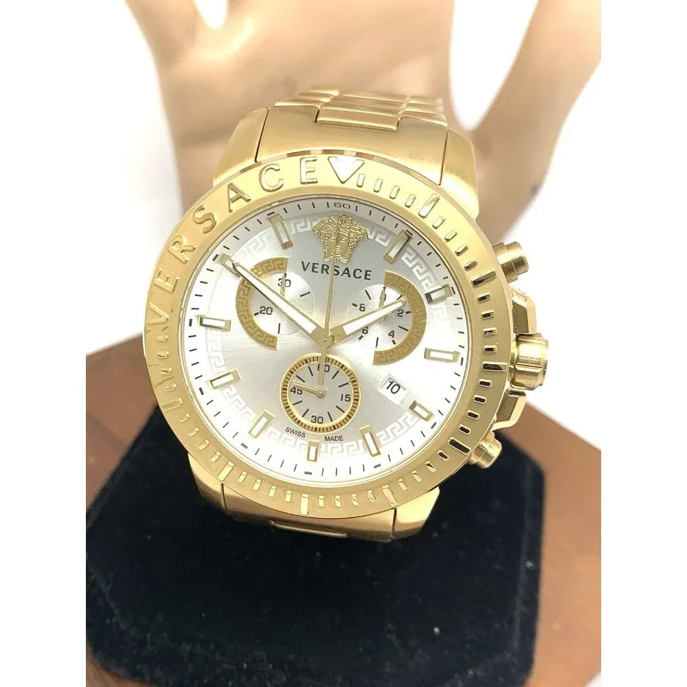 Versace Men's Watch VE2E00521 Swiss Quartz Chronograph Silver Dial Gold Steel